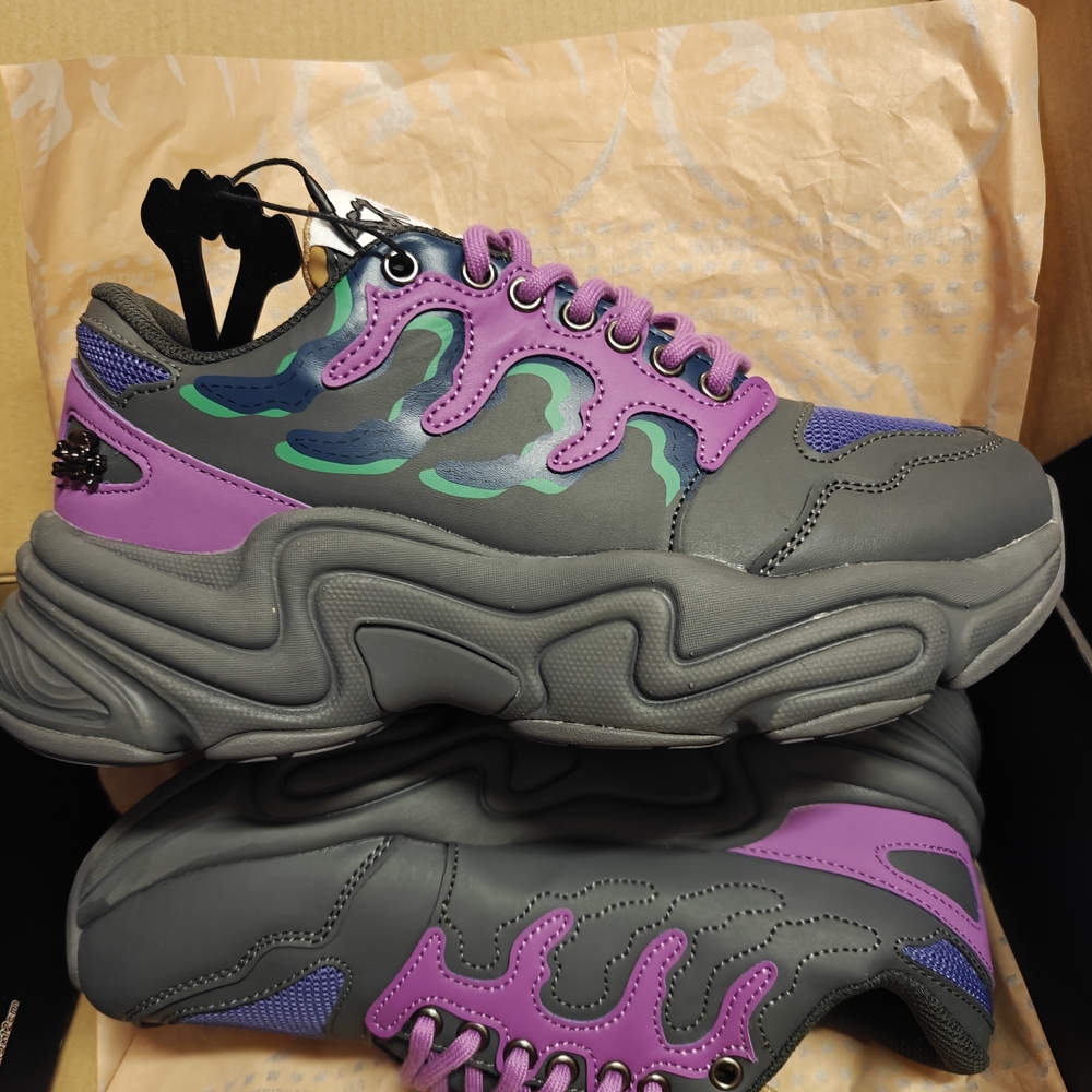 Brand X Gray and purple Skull Sneakers SIZE 6.5 new with tags and box